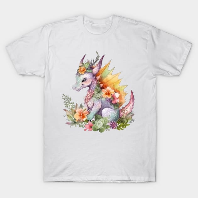 Cute Spring Flower Dragon Watercolor T-Shirt by Fledermaus Studio